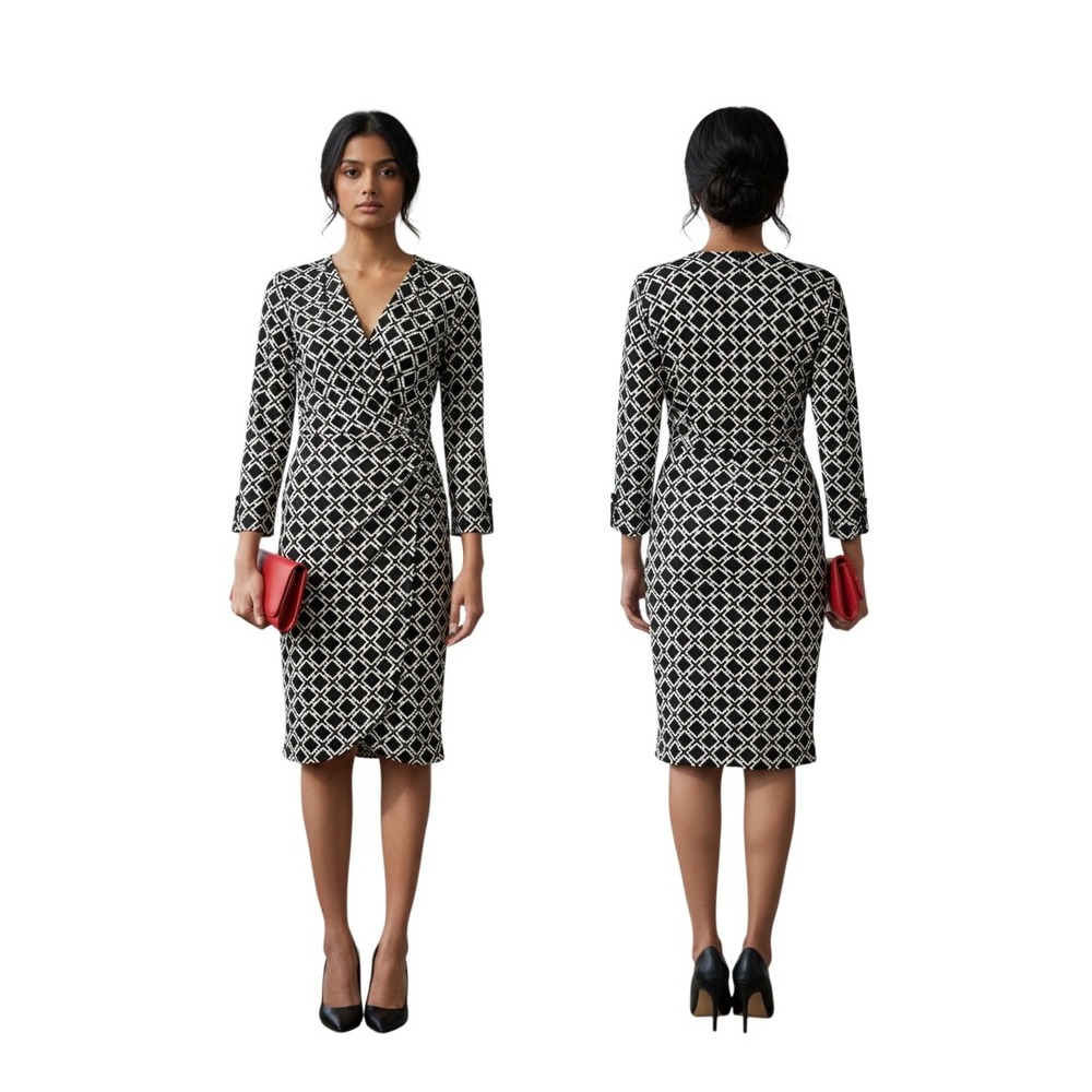 White House Black Market Faux Wrap Dress Black White Geometric 3/4 Sleeve Size 2